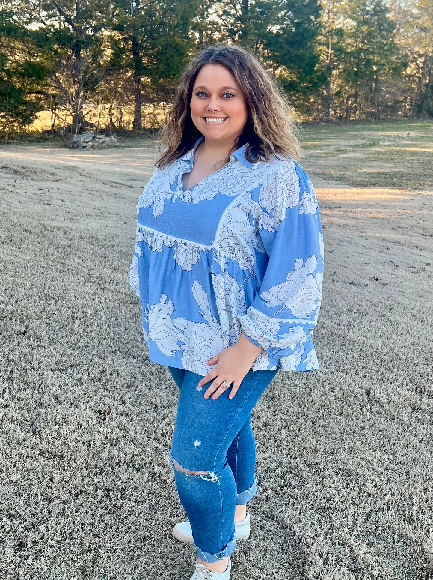 Plus Size Blue Floral Top